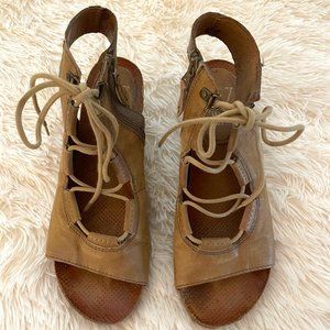 Miz Mooz Brown Satin Wedge Leather Sandals Women Size 10